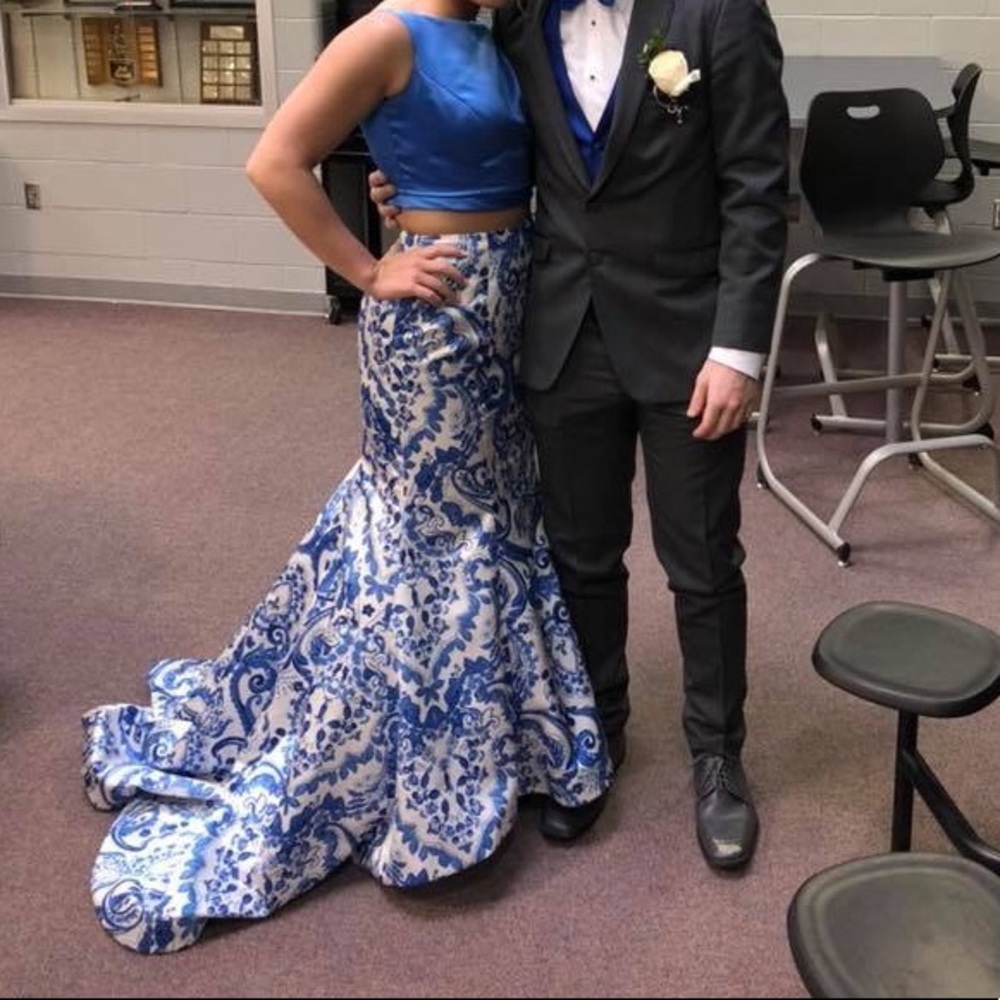 Sherri Hill Blue and White Prom Dress